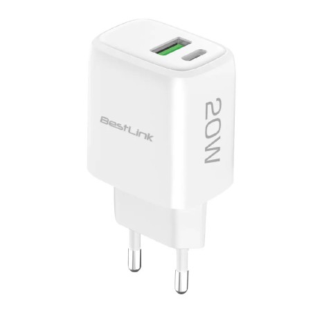 Cargador de pared rápido 20W. Puertos duales USB-C PD y USB-A QC 3.0 certificado SEC