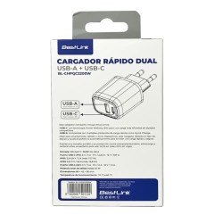 Cargador de pared rápido 20W. Puertos duales USB-C PD y USB-A QC 3.0 certificado SEC