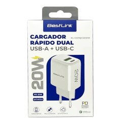 Cargador de pared rápido 20W. Puertos duales USB-C PD y USB-A QC 3.0 certificado SEC